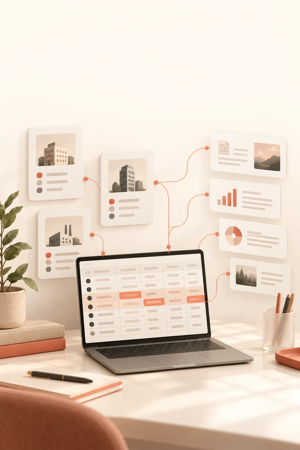 Illustration of company research cards connected to an organized customer workbook.